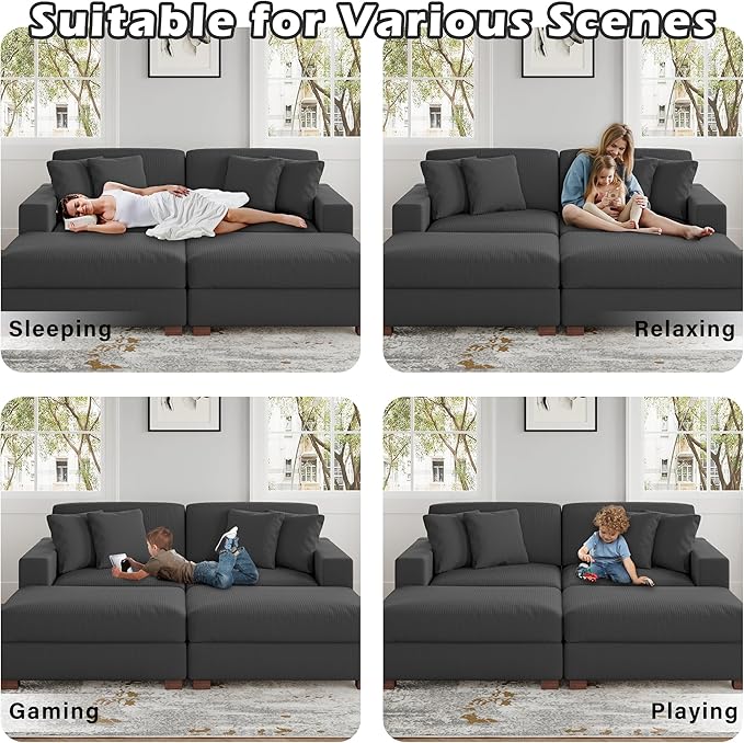 Modular Sectional Couches for Living Room, Modern Loveseat 2-Seater Sofa Couch with Ottoman, Upholstered Couches for Living Room Bedroom, Grey