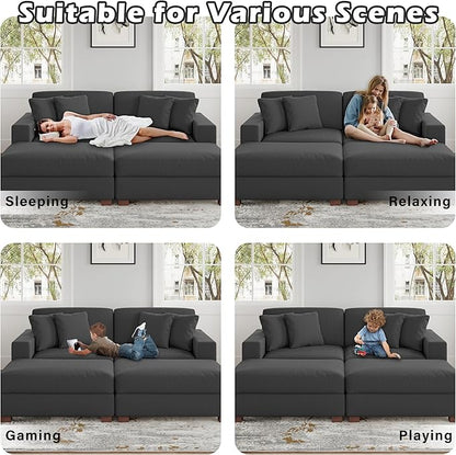 Modular Sectional Couches for Living Room, Modern Loveseat 2-Seater Sofa Couch with Ottoman, Upholstered Couches for Living Room Bedroom, Grey