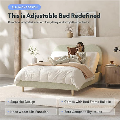 FLEXISPOT Queen All-in-One Adjustable Bed with 12" Gel Memory Foam Mattress, Linen Upholstered Bed Frame, Head & Foot Incline, Adjustable Headboard, 10-Year Warranty, Sage