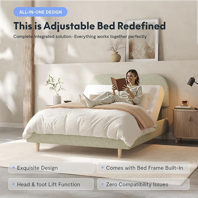 FLEXISPOT Queen All-in-One Adjustable Bed with 8" Gel Memory Foam Mattress, Linen Upholstered Bed Frame, Head & Foot Incline, Adjustable Headboard, 10-Year Warranty, Sage