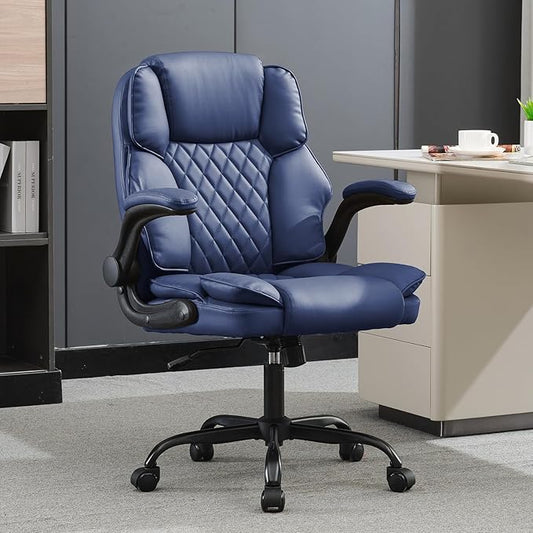 Office Desk Chair,Mid Back Executive Leather Chair,Ergonomic Home Computer Chair,Modern Conference Room Chairs with Adjustable Flip-Up Arms and Rocking Function (Navy Blue)