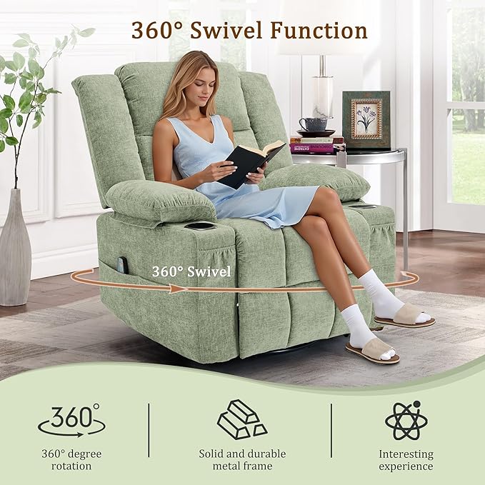 360° Swivel Rocker Recliner for Adults, Nursery Glider Recliner with Massage and Heating, Rocking Chair with Cup Holder, Manual Recliner Chair for Living Room, Bedroom (Fabric, Turquoise)