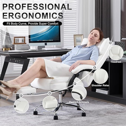 Big and Tall Office Chair, Executive Home Office Desk Chair, Leather Computer Chair with Retractable Footrest, Adjustable Headrest and Reclining Height, Padded Arms, 360°Swivel Free, Wide Seat, White