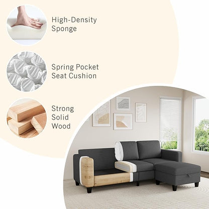 Sectional Sofa and Couches for Living Room, 78'' Dark Grey 3 Seat L-Shaped Couch with Movable Ottoman, Comfy Fabric Convertible Sectionals Sofas with Chaise for Apartment, Office, Small Space