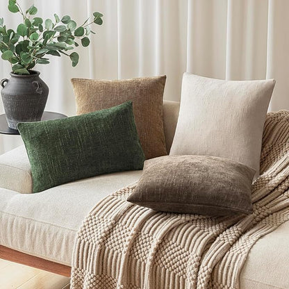 Foindtower Pack of 2 Textured Chenille Throw Decorative Pillow Covers Square Accent Solid Cushion Cover Neutral Farmhouse Lumbar Pillow Case for Couch Sofa Bedroom Living Room 12x20 Inch,Dark Green