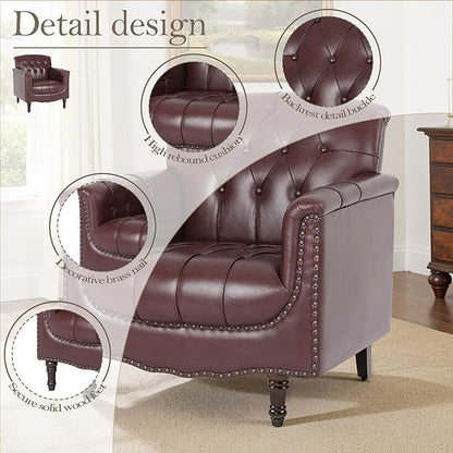 Pia Ricco Faux Leather Armchair Set of 2, Modern Accent Chairs with Nailhead Trim and Solid Wood Legs, Upholstered Comfort for Living Room, Office, Bedroom - Wine Red