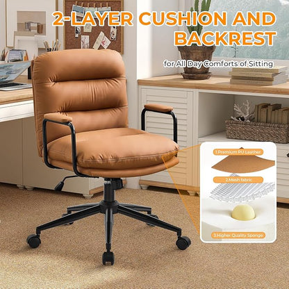 Furniliving Leather Home Desk Chair, Comfortable Executive Office Chair with Wheels, Ergonomic Computer Task Chair Adjustable Height, Brown