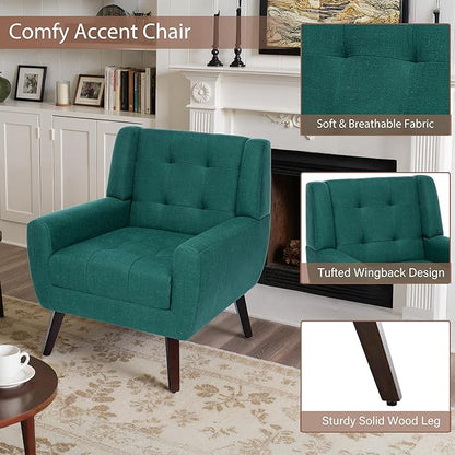 Accent Chairs Set of 4, Mid-Century Modern Upholstered Armchair, Comfy Fabric Living Room Chairs Reading Chairs with Button Tufted Back & Solid Wood Legs for Bedroom, Office, Light Blue