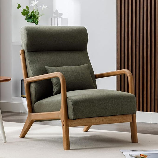 ANJHOME Mid Century Modern Accent Chair with High Back, Single Lounge Armchair with Solid Wood Frame, Comfy Reading Chair for Living Room, Easy Assembly