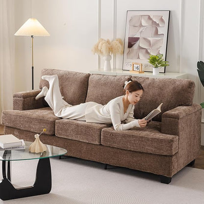 85'' L Shaped Couch with Armrest Organizer,Comfy 3 Seats Sofa with Thick Cushion,Chenille Sectional Couches for Living Room,Bedroom,Apartment,Sofa Set with Oversized Chair,Home Furniture,Brown