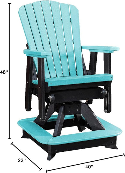 DutchCrafters Slat Fan Back Poly Balcony Adirondack Swivel Glider with Footrest Outdoor Patio Chair (Black & Aruba Blue)