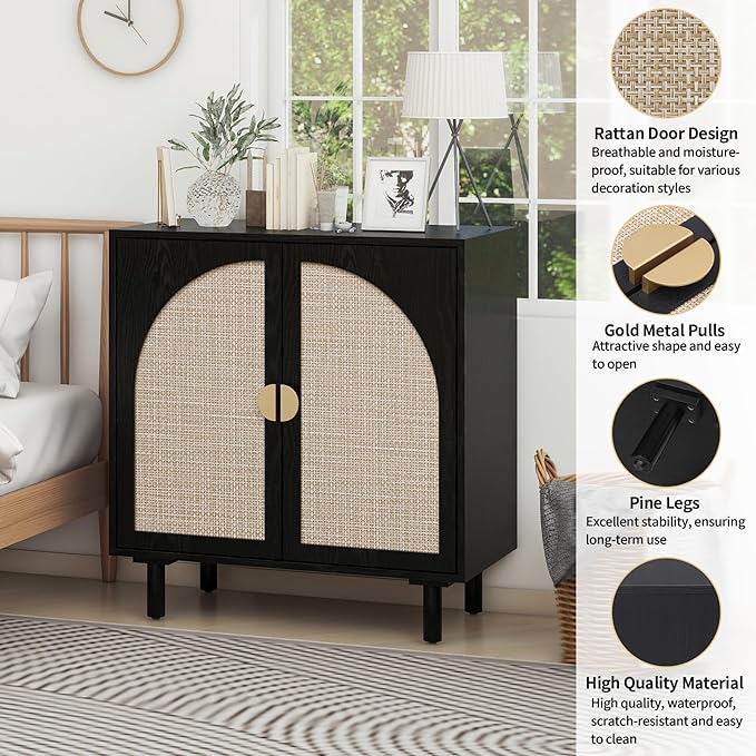 Black Rattan Cabinet-2-Doors,Sideboard Buffet Cabinet with Storage-Accent Storage Cabinet with Cane Door, Boho Wood Credenza for Dining Room, Bathroom, Study, Kitchen