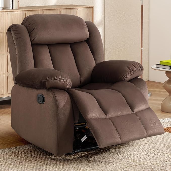 INZOY Manual Recliner Chair with Padded Armrest, Wall-Hugger Single Sofa Recliners with Overstuffed Back, Classical Fabric Reclining Chairs for Living Room Theater Seating, Brown