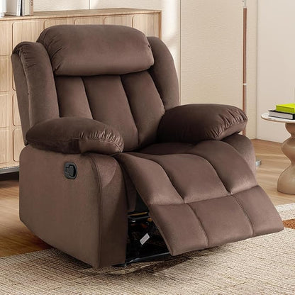 INZOY Manual Recliner Chair with Padded Armrest, Wall-Hugger Single Sofa Recliners with Overstuffed Back, Classical Fabric Reclining Chairs for Living Room Theater Seating, Brown