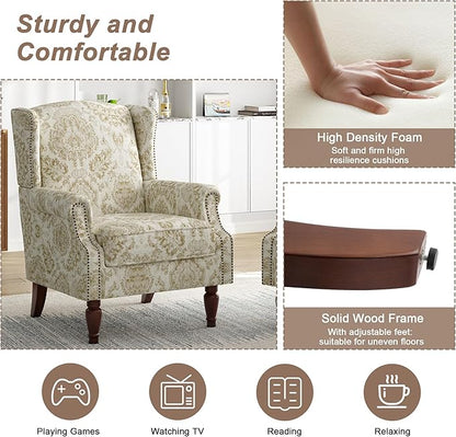 Pia Ricco Set of 2 Floral Accent Chairs, High Back Upholstered Armchairs with Retro Wingback Design, Nailhead Trim & Solid Wood Legs for Living Room Bedroom(Flower White)
