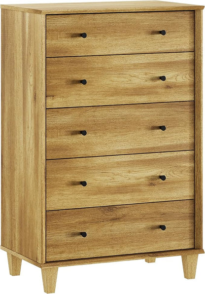 5 Drawer Dresser for Bedroom, Tall Modern Chest of Drawers, Beveled Profile Design, Wood Drawer Organizer for Bedroom, Living Room, Hallway and Entryway,Oak
