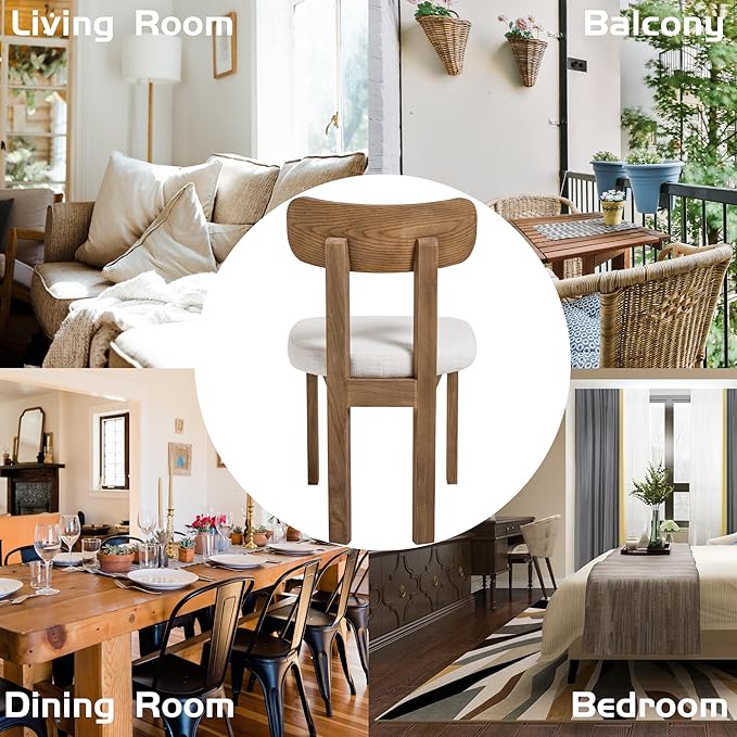 Beige Dining Chairs Set of 4, Mid Century Modern Linen Dining Room Chairs with Curved Back, Armless Kitchen Chairs for Living Room/Restaurant/Balcony/Bedroom/Home Desk/Task