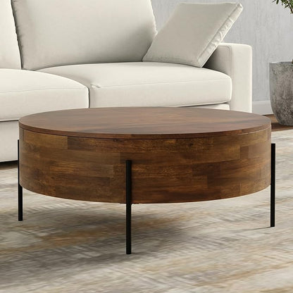 SIMPLIHOME Rayburn Drum Coffee Table - 38 inch Wide Solid Mango Wood Round Living Room Table in Walnut Brown, Modern Urban Center Table for Family Room with Black Metal Legs and Large Surface