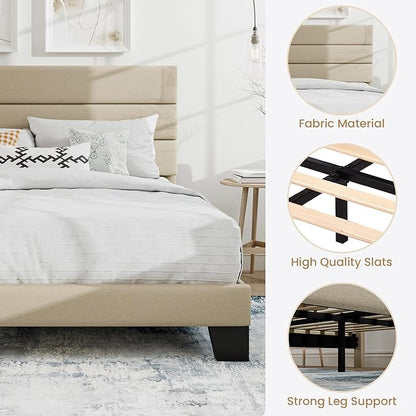 SHA CERLIN King Platform Bed Frame with Upholstered Fabric Headboard, Mattress Foundation with Strong Wooden Slats Support, No Box Spring Needed, Beige