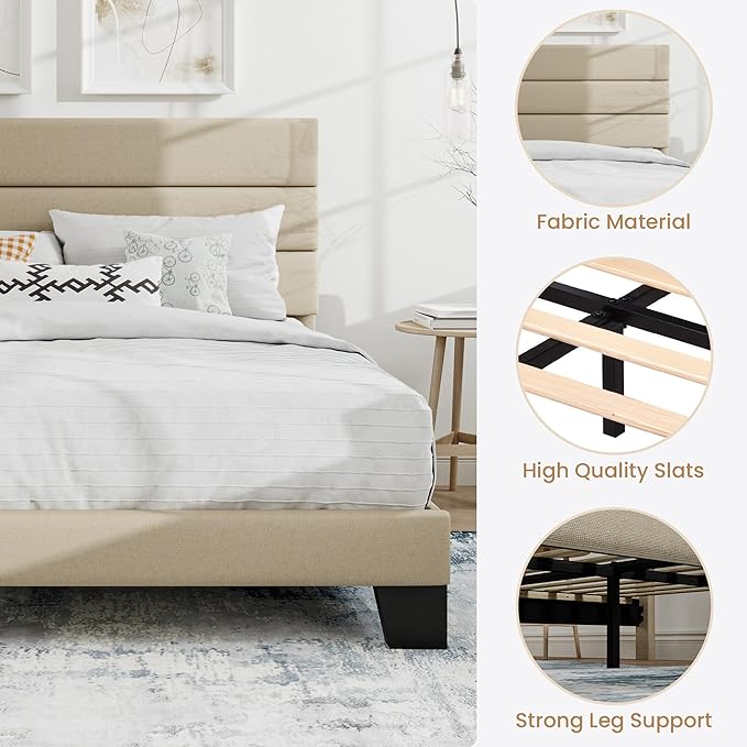 SHA CERLIN Full Platform Bed Frame with Upholstered Fabric Headboard, Mattress Foundation with Strong Wooden Slats Support, No Box Spring Needed, Beige