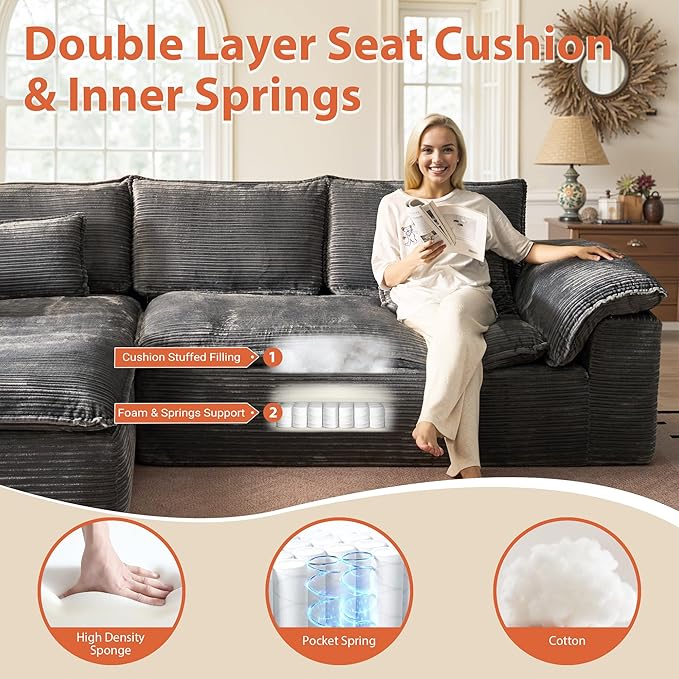 113 in Oversized Cloud Sofa with L Shape Chaise, Sectional Couches for Living Room, Assembly Free Modular Comfy Corduroy Sofa with Left Facing Chaise Longue for Home Apartment (Left Chaise, Gray)