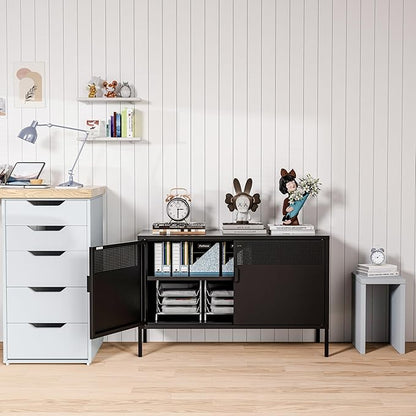 2 Door Storage Sideboard, Metal Storage Cabinet with 2 Adjustable Shelf,Multipurpose Metal Accent Cabinet for Office Home,Music Studio (Black, 25''H)