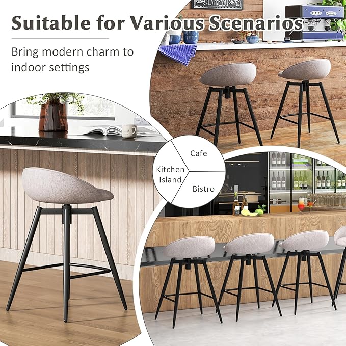 COSTWAY Bar Stools Set of 2, 25" Upholstered Counter Height 360° Swivel Bar Stools w/Backrest & Footrest, Heavy-Duty Metal Frame Armless Breakfast Chairs for Kitchen, Living Room (Set of 2,Grey)