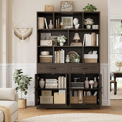 HOSTACK 71" Tall Bookcase with Drawer and Door, 47" Wide Book Shelf and Bookcase with Storage, 6 Tier Large Book Storage Cabinet with 14" Deep Display Shelves for Living Room, Home Office, Dark Brown