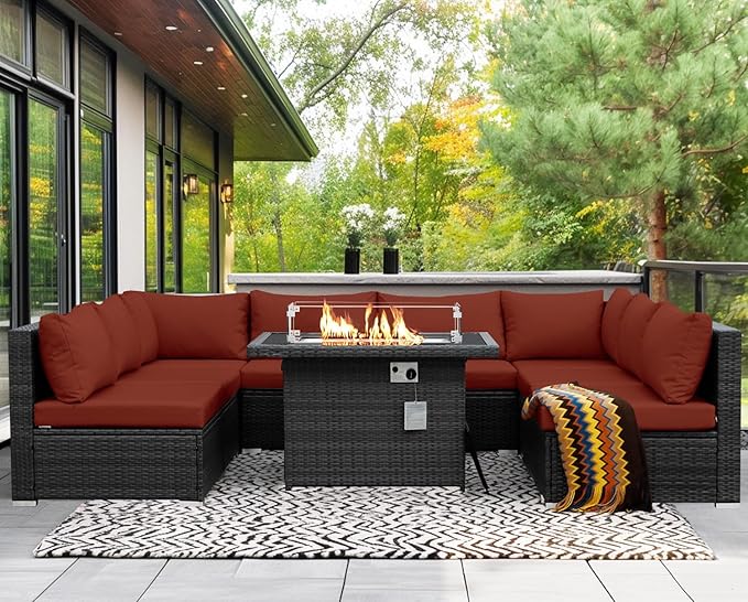 NICESOUL 9 Piece Plus Size Outdoor Patio Conversation Set with Firepit Natural Gas/Propane, 29.3'' High Back Modular Sectional Sofa Sets, Heavy Duty Backyard Furniture, 2 Color Cushion Red & Grey