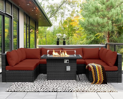 NICESOUL 9 Piece Plus Size Outdoor Patio Conversation Set with Firepit Natural Gas/Propane, 29.3'' High Back Modular Sectional Sofa Sets, Heavy Duty Backyard Furniture, 2 Color Cushion Red & Grey