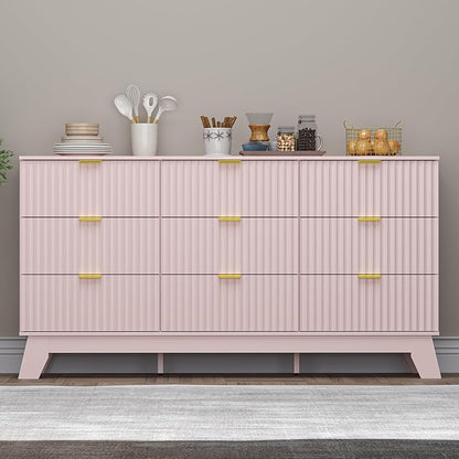 Fluted 9 Drawer Dresser, 57.1" Wide Modern Boho Chest of Drawers, Wooden Storage Dresser TV Stand for Bedroom, Living Room, Closet, Hallway, Curved Profile Design