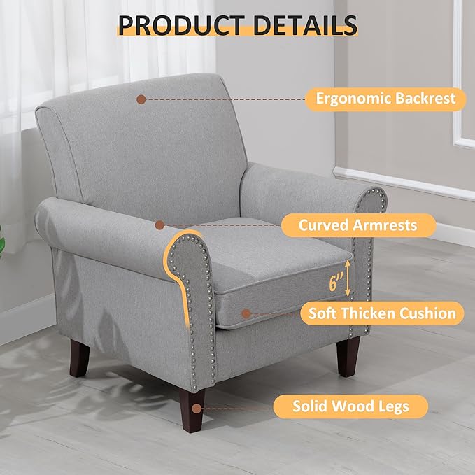PrimeZone Comfy Accent Chair, Mid-Century Modern Fabric Living Room Chair Reading Chair with Soft Cushion, Nailhead Trim & Rolled Armrest, Arm Chair Sofa Chairs for Bedroom Waiting Room Office, Grey