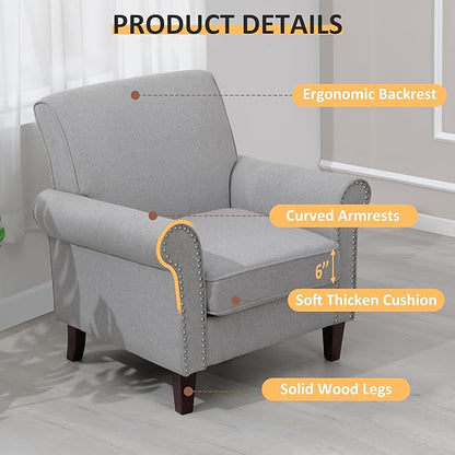 PrimeZone Comfy Accent Chair, Mid-Century Modern Fabric Living Room Chair Reading Chair with Soft Cushion, Nailhead Trim & Rolled Armrest, Arm Chair Sofa Chairs for Bedroom Waiting Room Office, Grey