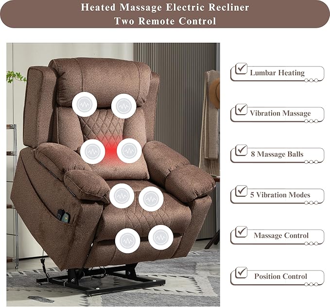 Big Man Power Lift Recliner for Elderly Adults 28 Inch Wide Seat, Lay Flat Lift Chair with Heat Massage, Arm Storage Cup Holders, USB Type C Charging, Oversized Recliner 400 lbs