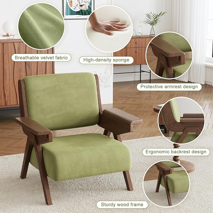 Mid Century Modern Accent Chair Set of 2, Fabric Upholstered Lounge Arm Chairs with Solid Wood Frame for Living Room, Bedroom, Office, Reading Corner (Green)