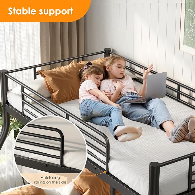 Twin Over Full Bunk Bed for Adults, Metal Bunk Beds Twin Over Full Size for Teens Dorm Bedroom Guest Room, Heavy Duty Bunk Beds with Ladder & Guardrail, No Box Spring Needed, Black