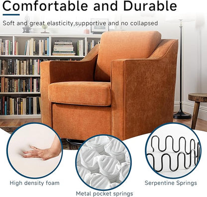 Pia Ricco 360° Swivel Accent Chair, Plush Oversized Chenille Fabric Armchair with Removable Cover for Living Room and Reception,Orange