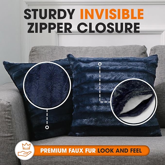 Cheer Collection Faux Fur Throw Pillows - Decorative Pillows for Couch, Bed Throw Pillows, Blue Accent Pillows for Bedroom or Living Room Aesthetic, Set of 2 Furry Throw Pillows, 26" x 26"