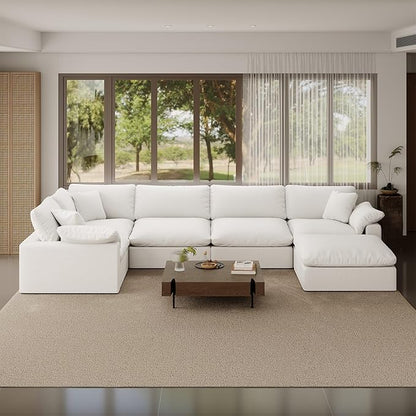 221.6" Oversized Cloud Modular Sectional Sofa,6 Seat Down Filled Sofa,Comfy Deep Seat Couch with Reversible Chaise & Cushions,Couch Cover Washable and Replaceable,White