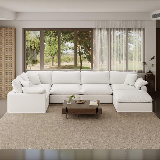 221.6" Oversized Cloud Modular Sectional Sofa,6 Seat Down Filled Sofa,Comfy Deep Seat Couch with Reversible Chaise & Cushions,Couch Cover Washable and Replaceable,White