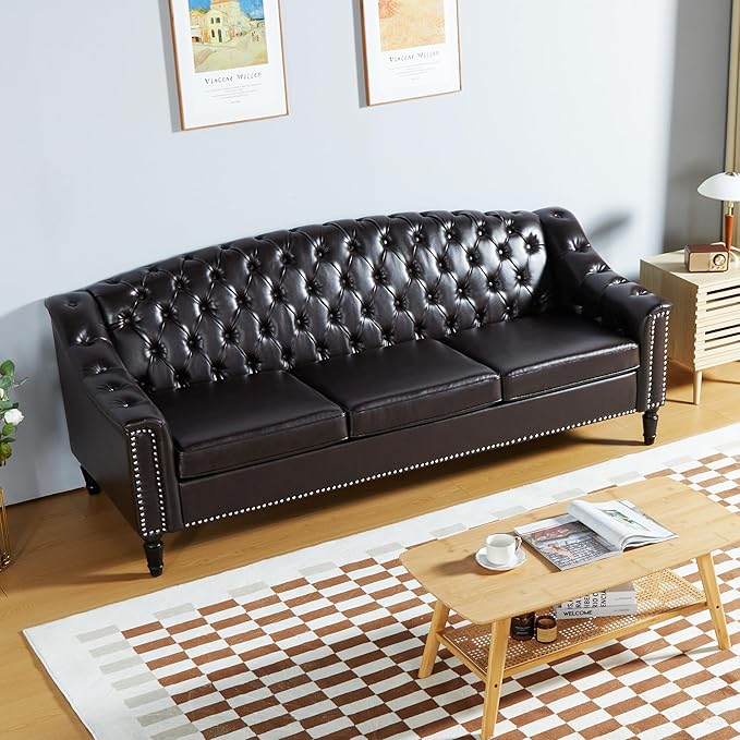 LEVNARY Mid-Century Modern Leather Couch, 80" Large Upholstered Sofa with High Back, Chesterfield Sofa Sleeper Settee with Solid Wood Legs, Tufted 3 Seater Wide Couches for Living Room Office (Brown)