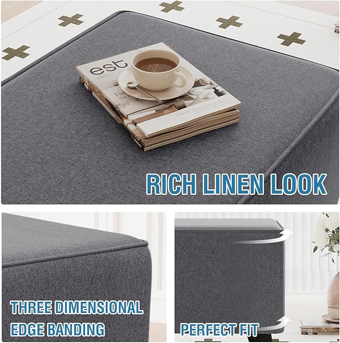 H.VERSAILTEX Ottoman Cover Slipcover Square Fit Length 36"-37" Footrest Sofa Slipcovers Stool Cover Footstool Protector Covers Feature Thick Durable Linen Look Fabric Removable Washable - Heather Grey