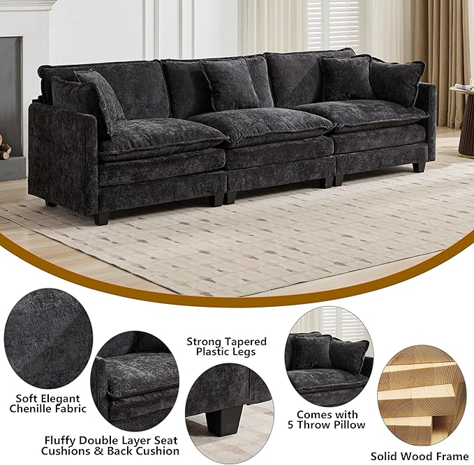 Aoowow Modular Sectional 3 Seater Cloud Sofa Couch for Living Room,113.8" Cloud Sofas with Deep Seat,Modern Chenille 3 Seat Sofas,Fluffy Cloud Couches for Bedroom,Apartment,Office (Black, 3 Seater)