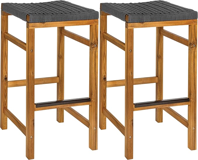 JONATHAN Y BSL1201B-SET2 Armand 30" Modern Coastal Backless Acacia Wood Outdoor Bar Stool with Woven Rope Seat, for Pool, Deck, Poolside, Light Teak/Grey (Set of 2)