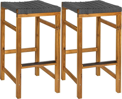 JONATHAN Y BSL1201B-SET2 Armand 30" Modern Coastal Backless Acacia Wood Outdoor Bar Stool with Woven Rope Seat, for Pool, Deck, Poolside, Light Teak/Grey (Set of 2)