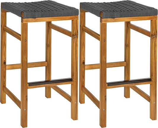 JONATHAN Y BSL1201B-SET2 Armand 30" Modern Coastal Backless Acacia Wood Outdoor Bar Stool with Woven Rope Seat, for Pool, Deck, Poolside, Light Teak/Grey (Set of 2)