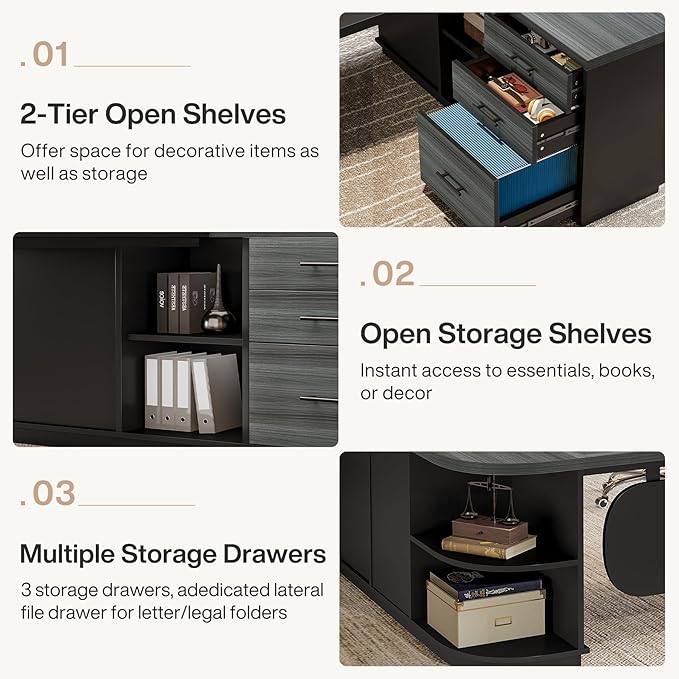 Tribesigns 81-Inch L-Shaped Executive Desk, Large Modern Office Desk with Drawers and File Cabinet for Home or Business Workspace, Grey & Black Computer Desk with Storage Shelves