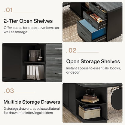 Tribesigns 81-Inch L-Shaped Executive Desk, Large Modern Office Desk with Drawers and File Cabinet for Home or Business Workspace, Grey & Black Computer Desk with Storage Shelves