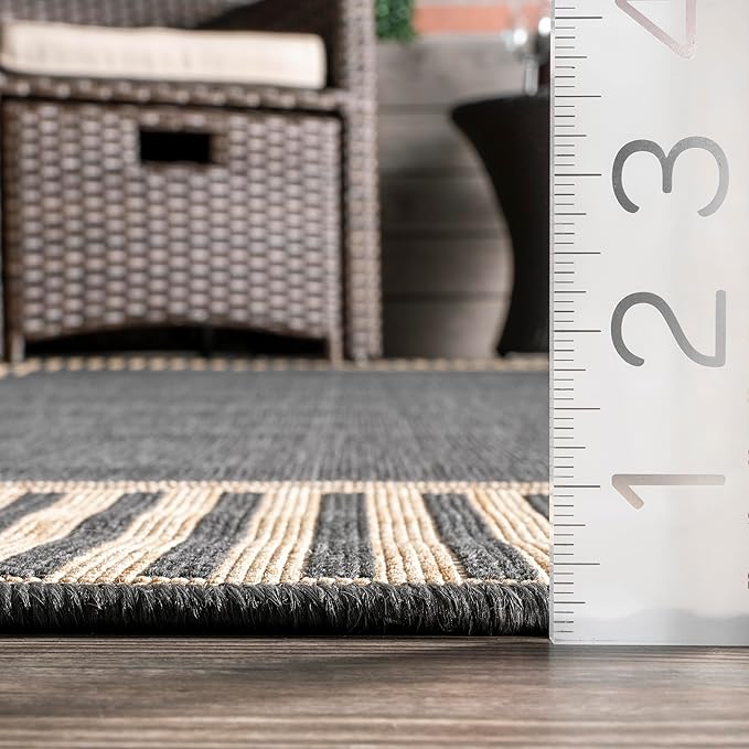 nuLOOM 2' x 6' Outdoor/Indoor Asha Area Rug, Asha Dark Grey, Casual Design with Striped Border, Stain Resistant, Highly Durable, for Patio, Balcony, Bedroom, Living Room, Dining Room, Bathroom