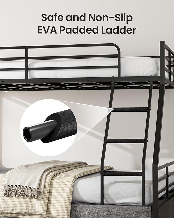 Bunk Beds Twin Over Full Size, Heavy Duty Bunk Beds with 2 Storage Drawers, Safety Guardrails & Padded Ladder, Twin Over Full Bunk Bed, No Box Spring Needed, Black